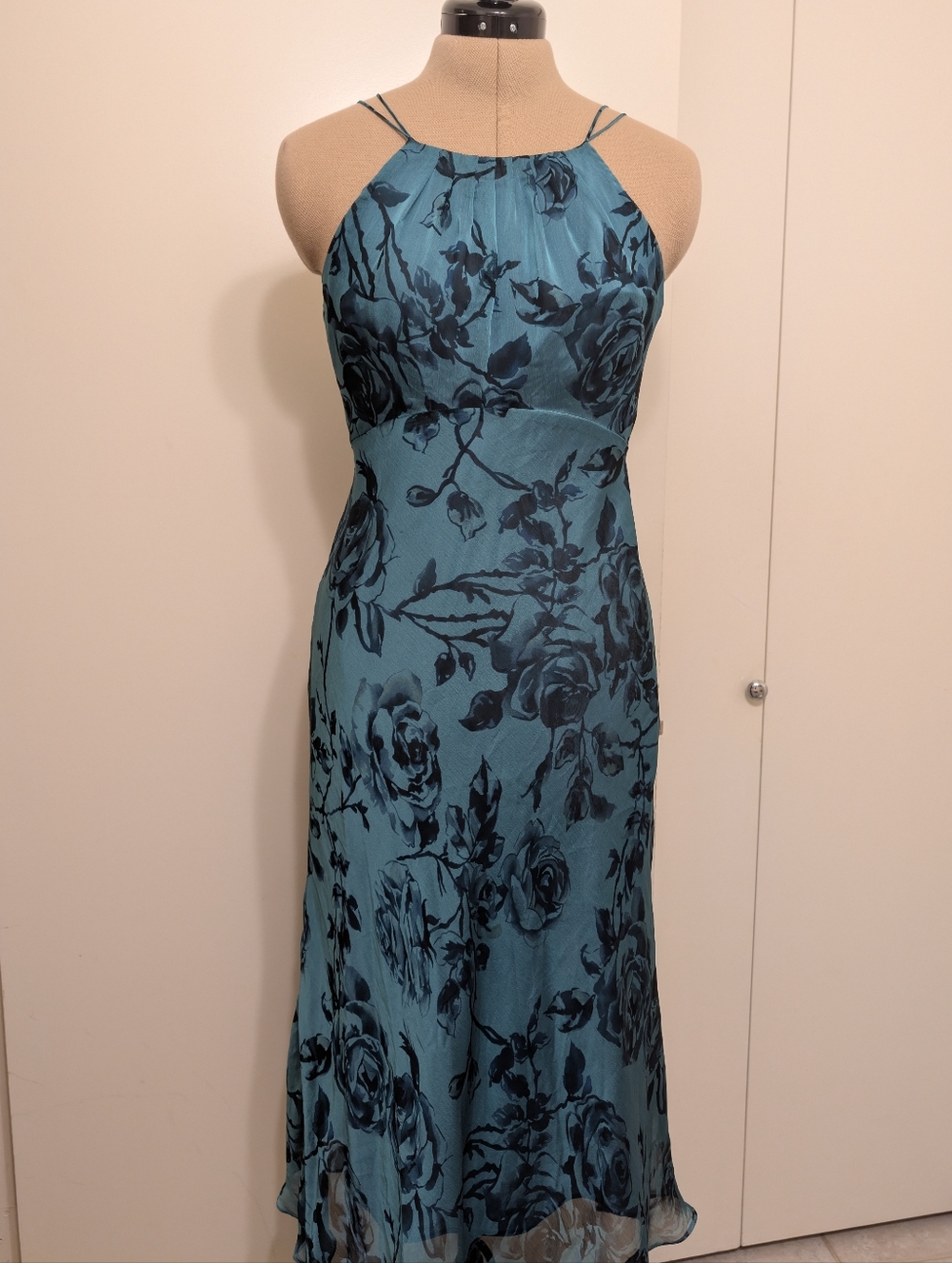 Vintage Teal Floral Halter Midi Dress 90s Y2K